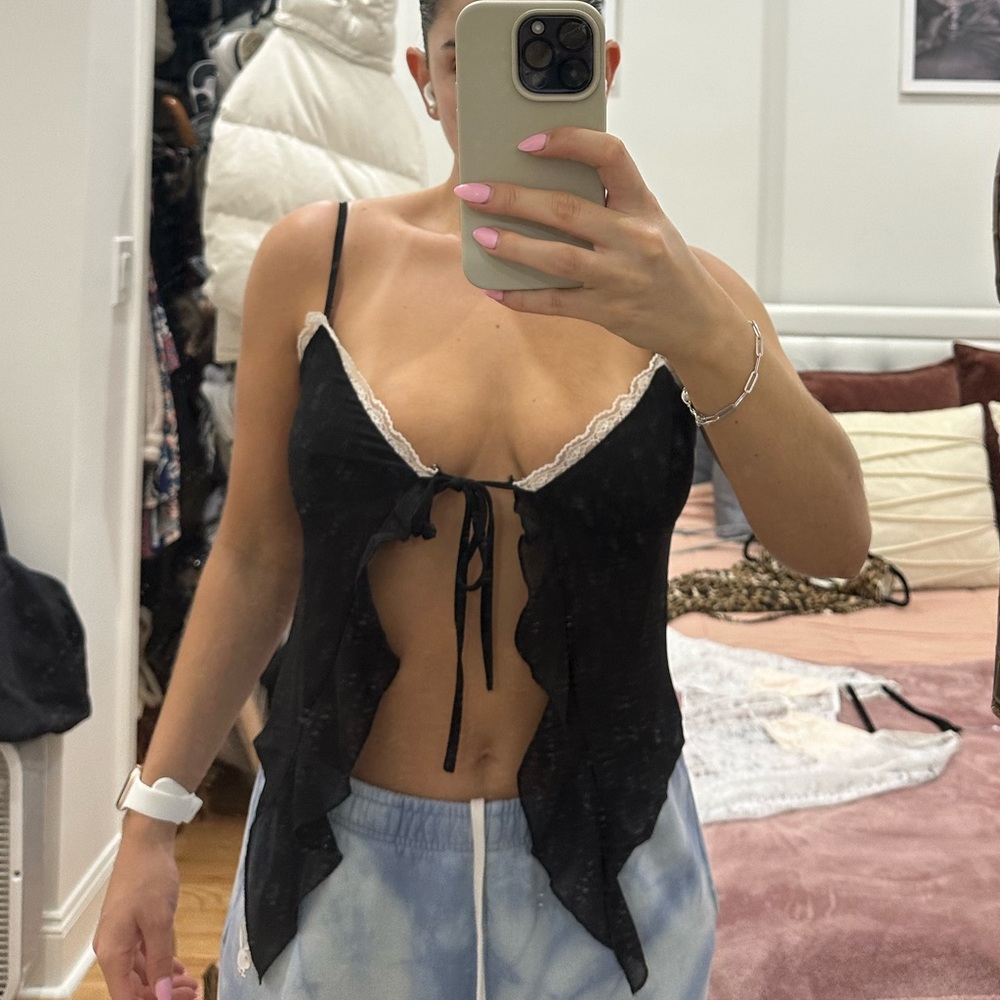Black Lace Trim Tie-Front Top